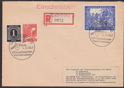 SBZ 75 Pf Leipziger Messe  R-Brief mit EAI und II Radebeul SSt. "1. Philatelistischer Weihnachtsmarkt" 1947 rs. E-St. DD