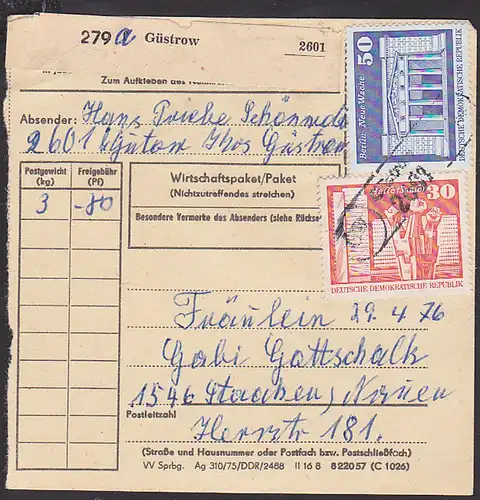 GÜSTROW Klein-Gutow Paketeinlieferungsschein frankiert 30, 50 Pf Bauten Neue Wache Berlin, seltene Verwendung