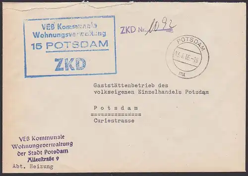 Potsdam VEB Kommunale Wohnungsverwaltung DDR-Dienstpost ZKD-Brief, 1965 Ortsbrief KSt. in blau statt violett