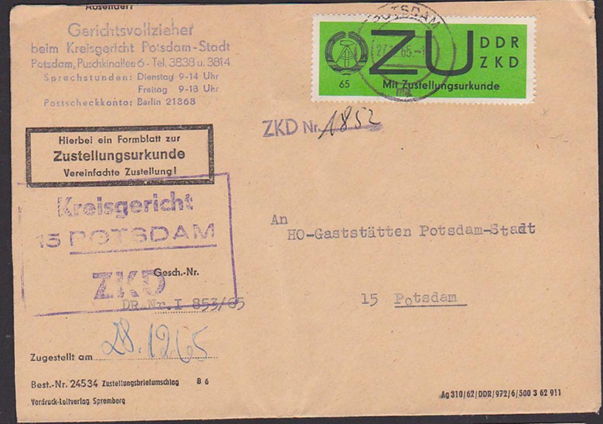 Potsdam Kreisgericht Zustellungsurkunde Ortsbrief 1965