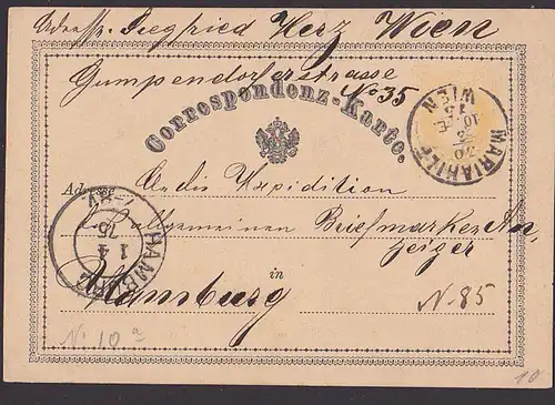 Wien Mariahilf Correspondenz-Karte 30.3.1875 nach Hamburg Expidition Briefmarkenanzeiger