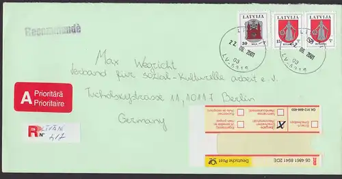 Latvija Lettland Recomande-letter from ltvani Wappen Riga Kildiga 22.6.2001