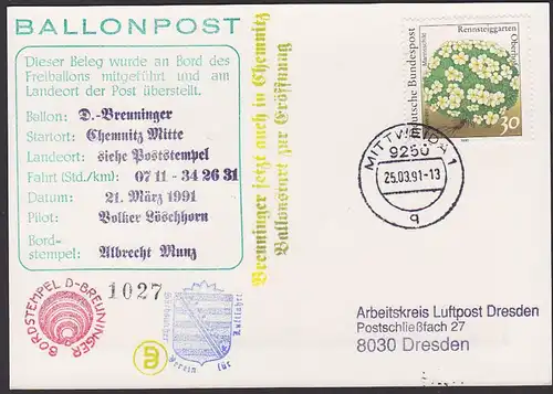 "Ballonpost D. Breuninger" 30 Pf. Rennsteiggarten Mi-Nr. 1505, RR nur 20 Tage als Einfachfrankatur möglich
