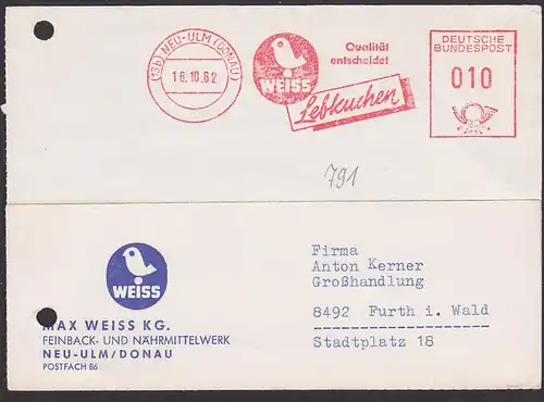 NEU-ULM (DONAU) AFS "Weiss Lebkuchen Qualität entscheidet" 1962 - sympolisierter Vogel