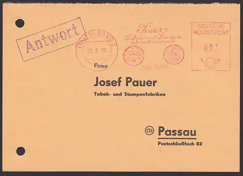 PASSAU AFS "Pauer Tabak und Stempenfabriken" 1956 - als Antwortkarte