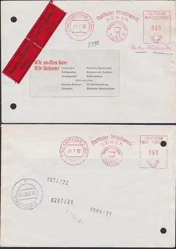 KARPFHAM (BHF) AFS 020 + 060 auf Eilsendung "Rottaler Milchwerk" 1962, Aktenlochung, Porto rückseitig