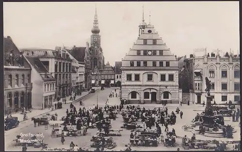 Greifswald Marktplatz Echte Photographie 1930 Marktstände ungebraucht