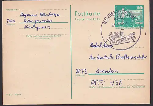 SCHIRGISWALDE Postkutsche Postillion SoSt. 1979 auf 10 Pf GA  Berlin Rathausstraaße, stagecoach