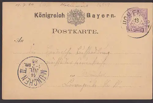 Hohenwart Königreich Bayern 1880 3 Pf.  Ganzsache Karte nach München