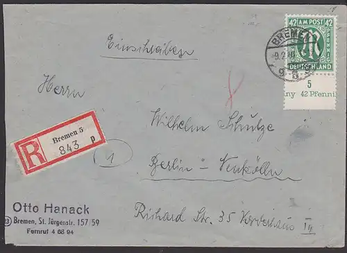 AMP 42 Pf.  dt. Druck R-Bf Bremen 5 nach Berlin Neukölln, rs. Eingangsst. u. Randstück