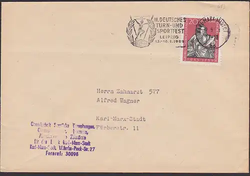 Karl-Marx-Stadt MWSt. "III. Deutsches Turn- und Sportfest Leipzig DTSB" 20 Pf. Georg Friedrich Händel, Ortsdoppelbrief