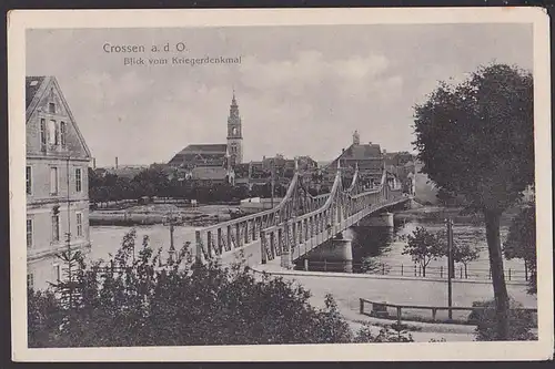 Krosno Odrza, Crossen an der Oder Blick vom Kriegerdenkmal 1917 Feldpost Brücke über Oder Kirche