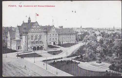Posen Poznan Königl. Akademie mit Bismarckdenkmal Feldpostkarte 1917, Rotes Kreuz-Fahne Lazarett