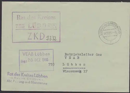 Lübben / Spreewald DDR ZKD-Brief Rat des Kreises Behörde Ortsbrief 1965, R3-St. in rot statt violett