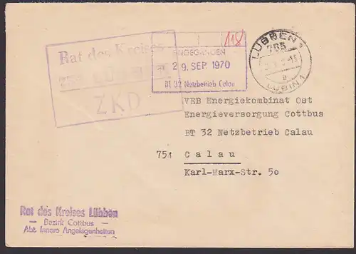 Lübben Lubin DDR ZKD-Brief  Rat des Kreiese Behörde nach Calau Kalawa 1969, R3 ZKD-Kastenstempel