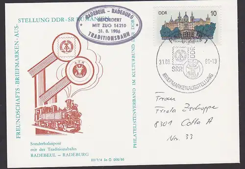 Radebeul - Radeburg Traditionsbahn Schmuckkarte 1986 mit Bahnpoststempel mit ZUG 14210 und SoSt. SRR DDR