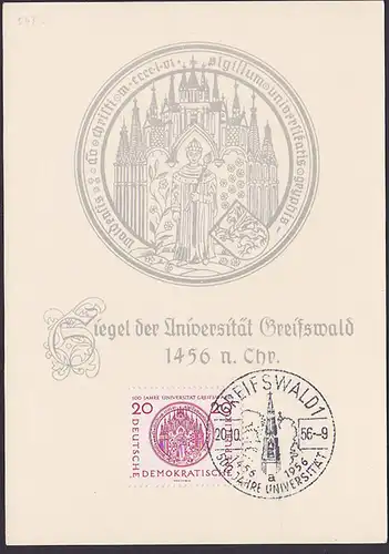 MC DDR 543 20 Pf Greifswald 500 Jahre Universität 1956, Maximumkarte, Gedenkblatt