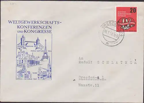 Weltgewerkschaftskonferenz Leipzig 1957auf Schmuckbrief Paris Eiffelturm Mailand London DDR Mi-Nr. 595