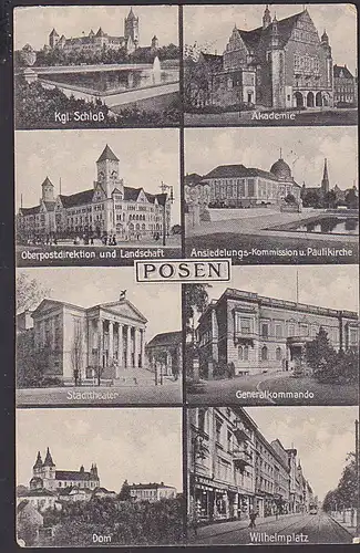 Posen Poznan Polen 8-Bildkarte Oberpostdirektion Wilhelmplatz Akademie Schloß, Feldpostkarte 1916