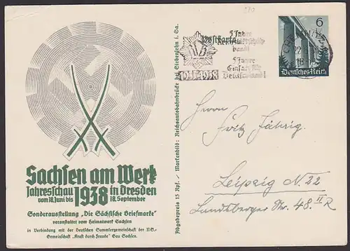 Chemnitz "5 Jahre Reichsluftschutz-Bund!" 22.6.38 Sachsen am Werk 6 Pf. GA P 270, Jahresschau mit MWSt.