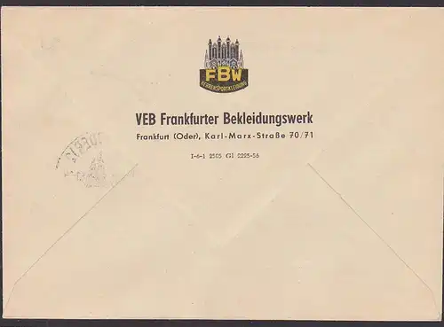 Frankfurt (Oder) an der Oder-Neisse Friedensgrenze SSt. mit Abb. Rathaus, Abs. Bekleidungsweerk FBW, DDR Propaganda