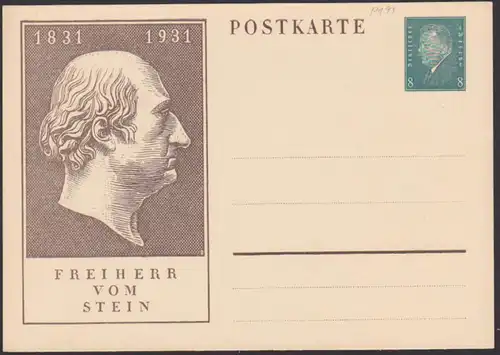 Carl Freiherr vom und zum Stein,  8 Pf. GA P 1931 *, unused, ungebraucht