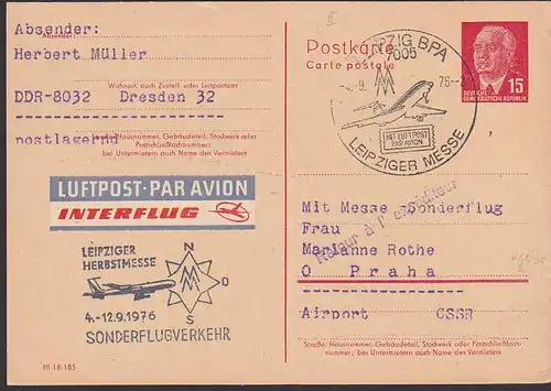 P64II 15 Pf. Wilhelm Pieck Messe-SoSt. LEIPZIG BPA nach Prag Sonderflugverkehr Bestätigungs-St.