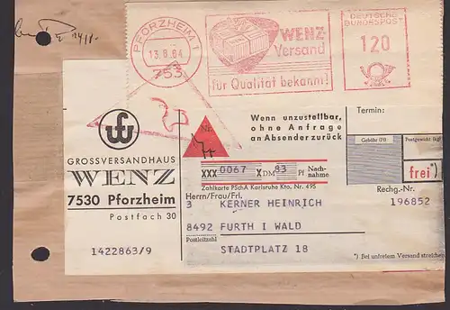 Pfortzheim "Wenz-Versand für Qualität bekannt!" auf Nachnahme Päckchen-Adresse AFS =DBP 120= 13.8.64