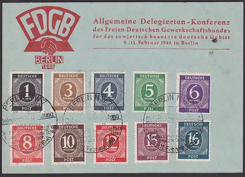 Gedenkblatt Berlin FDGB 1946 mit Ziffernausgabe, dabei 42 Pf (Mi gestempelt 40,00)