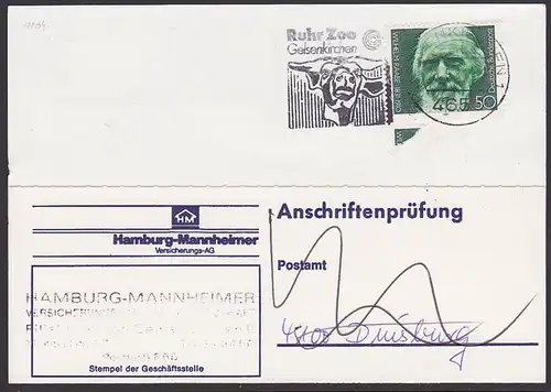 Gelsenkirchen MWSt. "Ruhr Zoo" auf Anschriftenprüfungs-Kart e ,mit Wilhelm Raabe (Mi. 1104)
