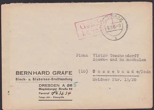 Gebühr bezahlt Dresden - N8, 3.11.1945 Barfrankatur Blech- u. Stabeisen-Großhandlung Adressaufklber