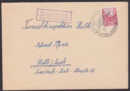 Einzingen über Sangerhausen Poststellenstempel 1955 mit SSt. Berg- und Rosenstadt Abb. Hammer und Schlägel Rose
