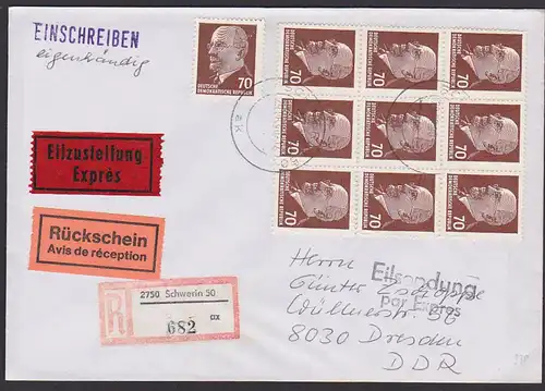 Walter Ulbricht (10) portogenau auf Eil-, R-Bf mit eigenhändig und Rückschein aus Schwerin, DDR 70 Pf. in 9er-Block