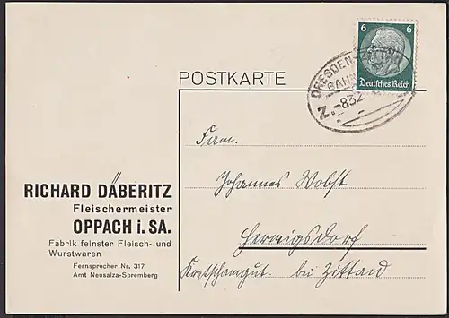 DRESDEN - ZITTAU Z. 832 DR Bahnpoststempel  Karte aus Oppach Abs. R.Däberitz Fleischermeister 1934