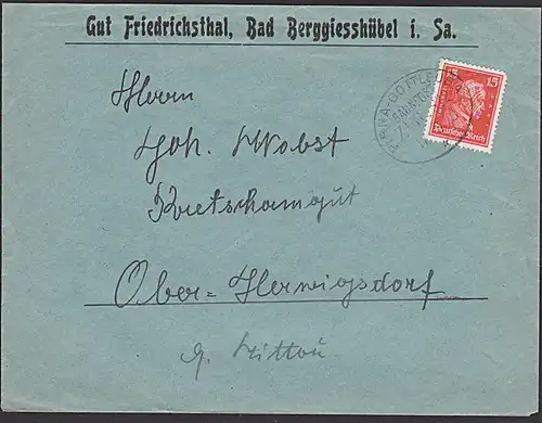 PIRNA - GOTTLEUBA ZUG 822 1928 15 Pf Immanuel Kant (Mi. 391) Abs. Gut Frichrichsthal Berggießhübel DR Bahnpoststempel