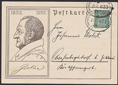 Bahnpoststempel 24.3.32  Dresden - Bischofswerda - Zittau ZUG 833 auf GA Johann Wolfgang von Goethe