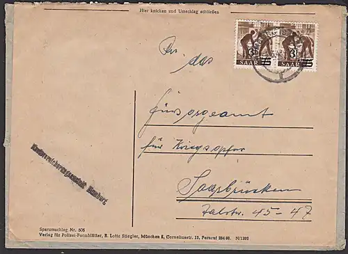 Saarland Homburg (Saar)  Mi. 230(2) 3 Fr. auf 15 Pf. in Zweitverwendung auf "Sparumschlag" Nr. 505 Polizei-Formblätter
