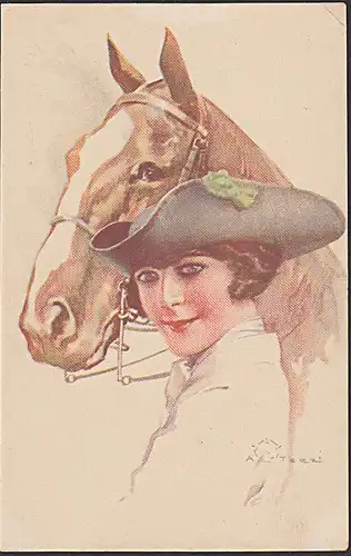 Künstlerkarte sign. prorieta artistica riservata Uff. Rev. Stampa Milano 3.3. 18Nr. 6218 Pferd Hut Kopfbedeckung horse