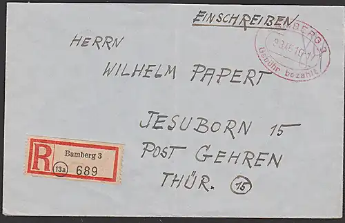 Bamberg R-Brief "Gebühr bezalt" 1946 Barfrankatur nach Jesuborn Gehren