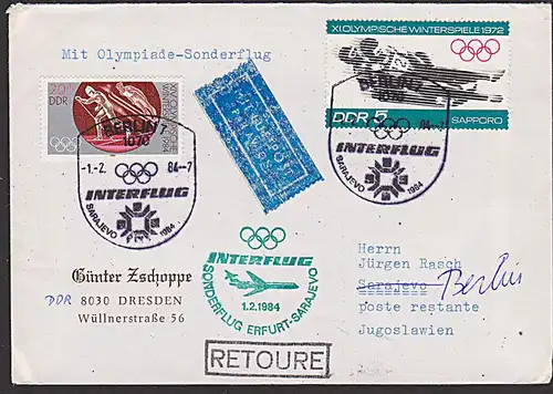 Interflug Olympiade-Sonderflug grüner Best.-St. 1.2.1984 Erfurt-Sarajevo