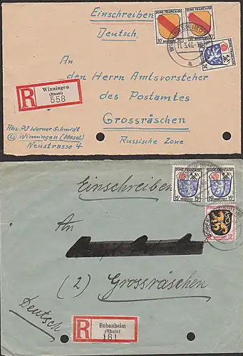Winningen Bobenheim 2 R-Briefe mit Aktenlochung an das Postamt in Großräschen 1946