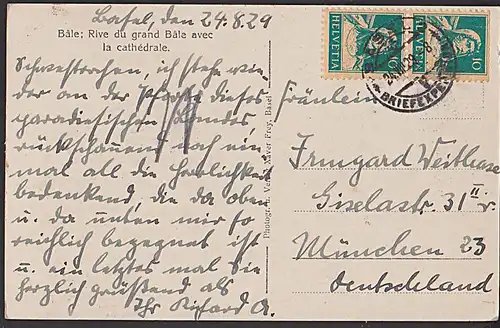 Basel 10 Pf(2) Wilhelm Tell auf Fotokarte nach Deutschland Bale Rive du grand bale avec la cathedrale 1928