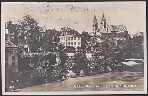 Basel 10 Pf(2) Wilhelm Tell auf Fotokarte nach Deutschland Bale Rive du grand bale avec la cathedrale 1928