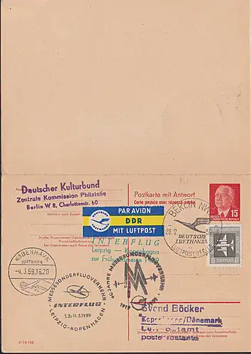 Wilhelm Pieck GA P65II Sonderflug Leipzig - Kopenhagen 1959, rs frankiert, nicht gestempelt DDR 15/15 Pf