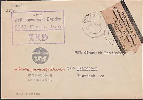 Dresden VEB Wellpappenwerke Aufkleber ZKD-Kontrolle braun -Gebühr bezahlt- 1965 im Firmenlogo Zwinger ZKD