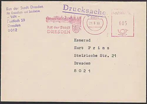 DRESDEN AFS =DP 005= 1988 Rat der Stadt Abb. Elbe mit Silhuette Frauenkirche Schloss Wappen