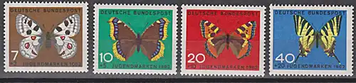 butterfly Schmetterlinge  Apollofalter Segelfalter Kleiner Fuchs BRD 376/9 ** Jungendmarken 1962