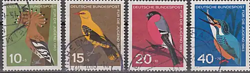 Einheimische Vögel  gest. Wiedehopf Pirol Gempel Eisvogel Alcedo atthis BRD 408/11  Jungedmarken 1963