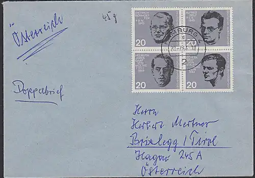 BRD Jahrestag Attentat auf Adolf Hitler Doppel-Brief vom Ersttag OSt. Hamburg in 4er-Einheit, Stauffenberg, Moltke