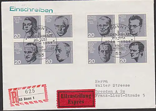 Attentat auf Adolf Hitler R-Eil-Brief vom Ersttag SSt. Bonn in 4er-Einheit, Stauffenberg, Moltke BRD MiNr. 431-438